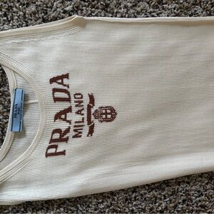 Prada Cream Ribbed Tank with Brown Logo